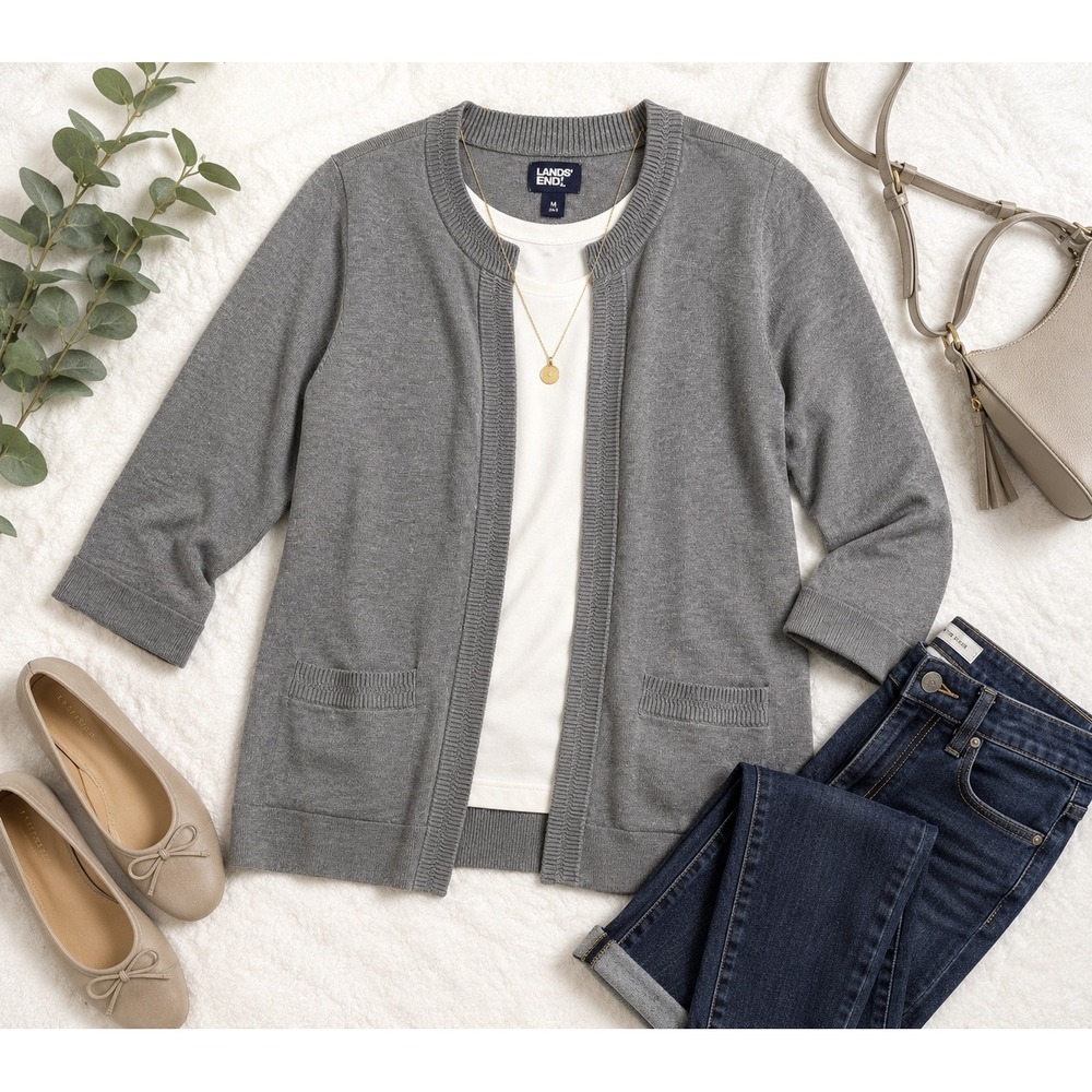 Lands End Womens Gray Open Front Cardigan Sweater Hook Eye Pocket Medium 10-12
